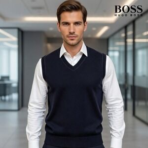 Hugo Boss Orange Label Mens Navy Blue V-Neck Sweater Vest XL 50183981 408